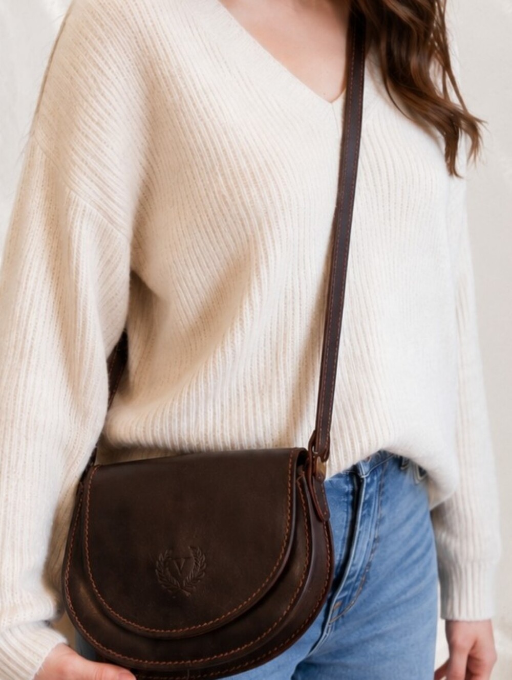 Vittorio Genuine Leather Dark Brown Crossbody Saddle Bag Minimalist Everyday Bag